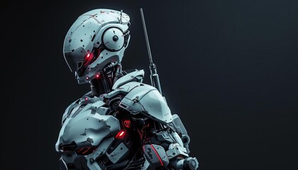 Show a battleready cyborg with armor and weapons integrated, highlighted on a black background with horizontal banner space