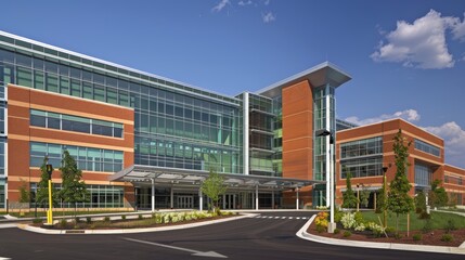 A large building with a glass facade and a red brick exterior