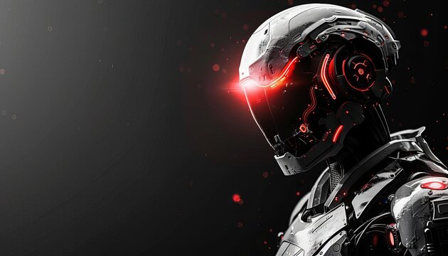 Show a battleready cyborg with armor and weapons integrated, highlighted on a black background with horizontal banner space