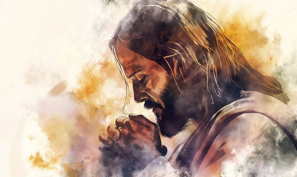 Jesus Christ prays for a miracle salvation concept, Silhouette Jesus Christ praying close up view,  Digital watercolor painting illustration - Powered by Adobe