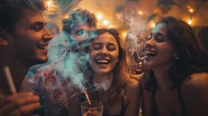 Show a group of friends at a party where one person declines a cigarette, emphasizing positive peer pressure