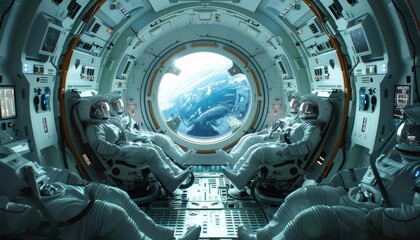 Show a group of space tourists experiencing zero gravity inside a specially designed tourist spacecraft