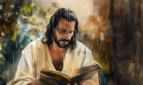 Jesus Christ reading a bibo on heavy rain for hopes and spirit of dream.  Digital watercolor painting illustration