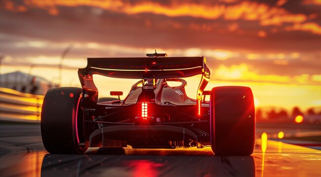 Photorealistic Cinematic Shot of F2 Car on Track, Full Front View of F3 with Lights On