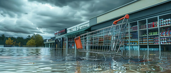 a shopping cart submerged in water outside a flooded grocery store with dark clouds overhead