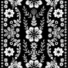 
Seamless lace pattern with traditional Polish folk ornament sections featuring flowers and leaves in black color on a white background