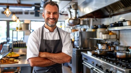 A male chef wearing an apron stands along the kitchen counter and smiles