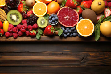 Nature’s Palette: Vibrant Assortment of Fresh Fruits on a Rustic Wooden Table