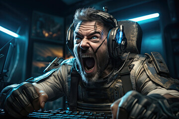 A crazily stressful man shouting in front of the keyboard during gaming represents theNational Video Game Day
