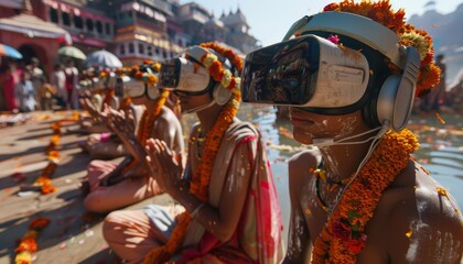 A virtual reality Rath Yatra experience, showing people wearing VR headsets participating in the festival digitally