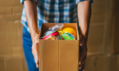 In the hands of a woman volunteer there is a box with groceries, symbolizing help and support for people affected by difficulties.