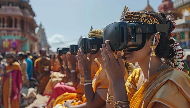 A virtual reality Rath Yatra experience, showing people wearing VR headsets participating in the festival digitally
