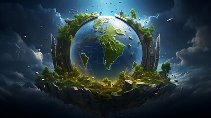 A digital painting of Earth surrounded by a shield of environmental policies for Earth Day.