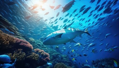 Fototapeta premium Groups of giant Tuna fish in the underwater, coral reef, amazing underwater life, various fish and exotic coral reefs, ocean wild creatures background
