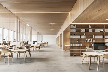 Modern Office Interior Mockup - Wooden and Glass Open Space with Concrete Floor