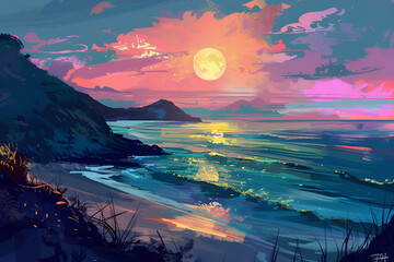 Fototapeta na wymiar landscape with sea sunset on beach