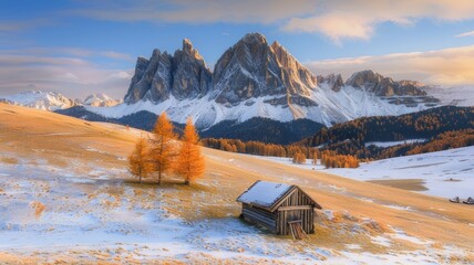 Scenic landscape with a small wooden log cabin in a meadow during sunrise. Snow-covered hills with orange larch and a group of mountains. - Powered by Adobe