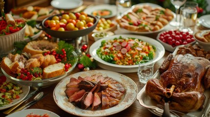 A variety of dishes prepared with love and care are presented at the festive family table. The table is decorated with bright flowers and festive elements, creating an atmosphere of joy and warmth.