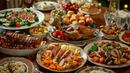 Fototapeta premium A variety of dishes prepared with love and care are presented at the festive family table. The table is decorated with bright flowers and festive elements, creating an atmosphere of joy and warmth.