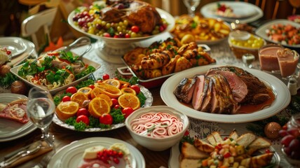 A variety of dishes prepared with love and care are presented at the festive family table. The table is decorated with bright flowers and festive elements, creating an atmosphere of joy and warmth.