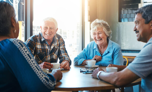 Senior, people and group relax on holiday at cafe on vacation in retirement. Elderly, friends and talk at coffee shop with latte, espresso and drink cappuccino and chat in city morning with tea