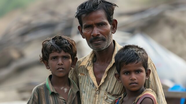 Concept of poverty, homelessness. A poor family, father and two sons, in rural India.