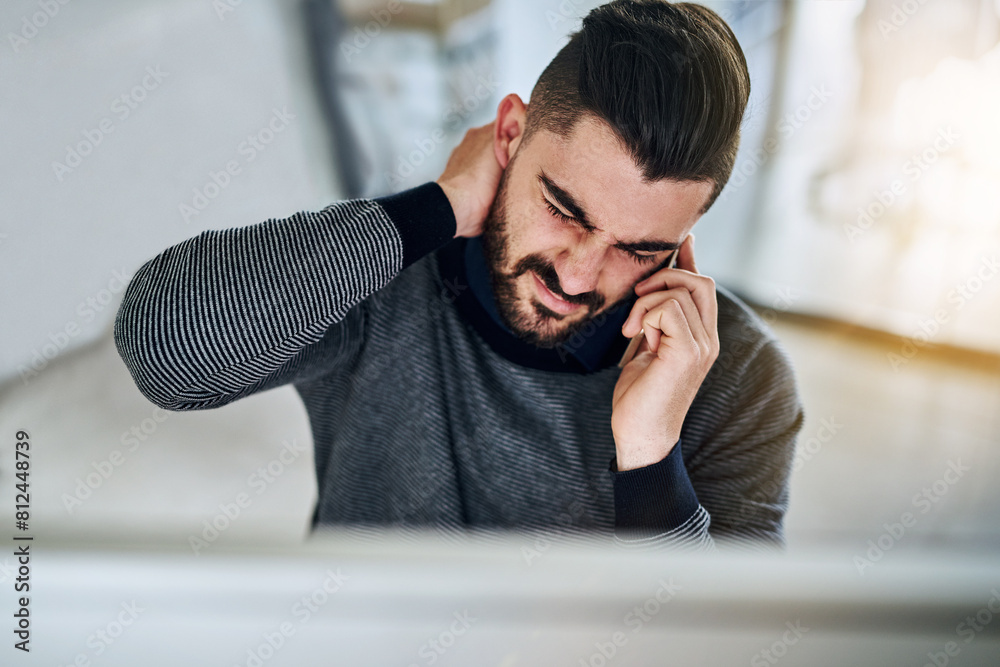 Poster neck pain, business man and phone call with headache, stress and anxiety by computer in office. tech