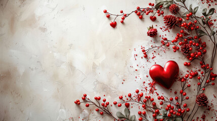 A red heart is surrounded by red berries and is placed on a white background. Concept of love and warmth, as the heart and berries are often associated with Valentine's Day and romantic gestures