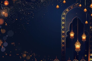 Ramadan kareem card design with lanterns hanging above arabic window style and copy space, Islamic holiday abstract background.