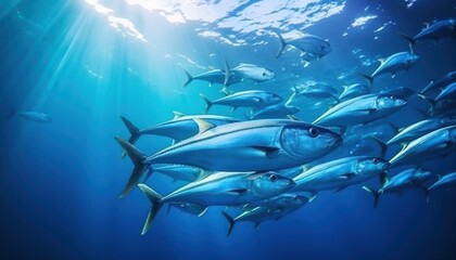 Naklejka premium Groups of giant Tuna fish in the underwater, coral reef, amazing underwater life, various fish and exotic coral reefs, ocean wild creatures background