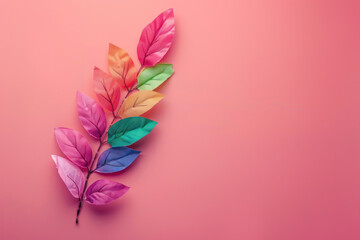 A colorful leafy branch is displayed on a pink background. The colors of the leaves are vibrant and eye-catching, creating a sense of joy and liveliness. The pink background adds a touch of softness