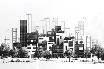Obraz premium Black and white line drawing of a modern city.