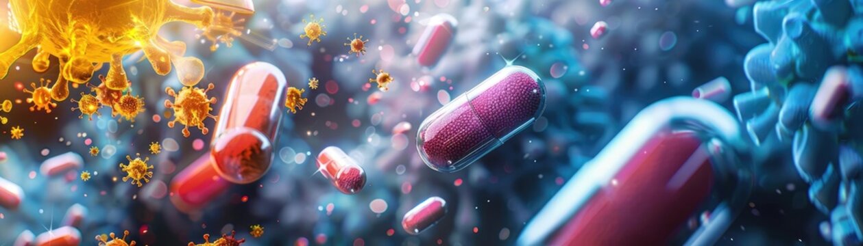 Nanotechnology in medicine, top view, targeted drug delivery, futuristic tone, vivid.