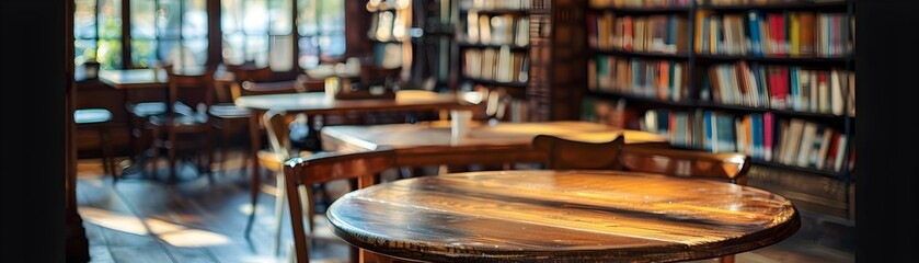 Obraz premium Cozy Bookstore Caf with Empty Wooden Table Inviting Customers to Browse and Relax