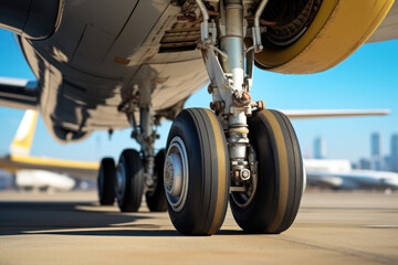 The photo shows the landing gear of a large airplane