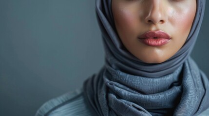 Middle Eastern woman in sports clothes relaxing after exercise on gray background.