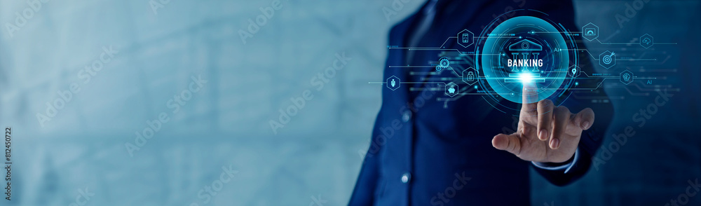 Poster businessman hand touch banking network connecting icon online access to business and financial big d