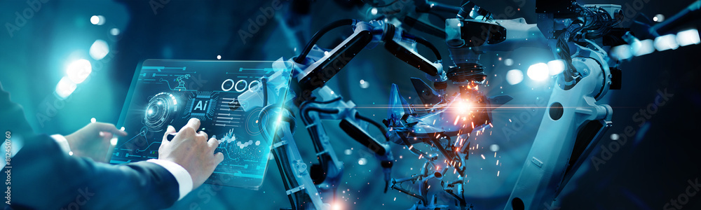 Poster industry 4.0, ai, smart industry of digital factory, industrial revolution, engineer control robotic