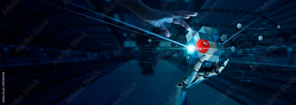 Poster Ai technology, Machine learning, Chatbot, Hands of robot and human Data exchange on abstract cube network connection, Deep learning, Innovative, Business and artificial intelligence technology.