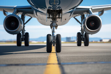 The photo shows the landing gear of a large passenger plane as it touches down on the runway.