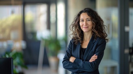 Fototapeta premium confident business woman Standing in the office, a smiling woman stands