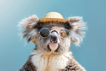 Fototapeta premium Funny koala wearing summer straw hat and stylish sunglasses
