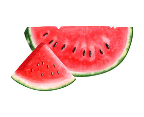 Watercolor watermelon slices of triangle and half round shape with seeds illustration isolated on white. Delicious organic food in realistic style for summer natural dessert, healthy ripe products