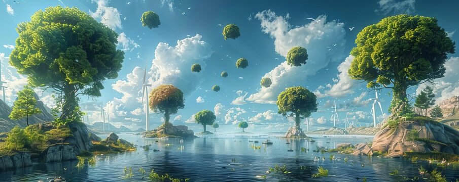 A whimsical depiction of a world where wind turbines float like balloons in the sky, tethered to the ground by green vines