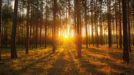 Obraz premium Golden sunset rays streaming through tall pine trees in a tranquil forest, casting long shadows on the forest floor.