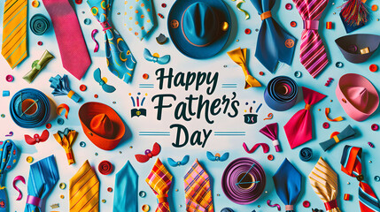 Happy Father's Day banner design with colorful nechties, hats and moustache.