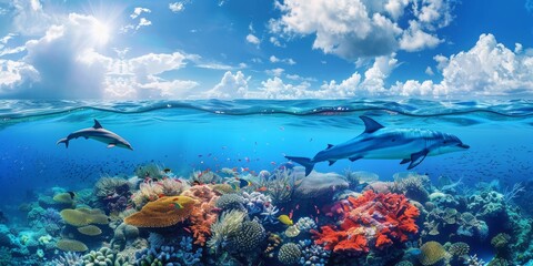 Above and below surface of the Caribbean sea with coral reef and dolphin underwater and a cloudy...