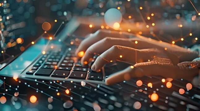 hand typing keyboard with technology article background