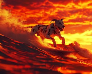 A highdefinition 3D visual of a Dalmatian surfing at sunset with vibrant orange and red hues in the sky, 3D rendering