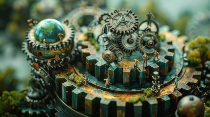 Fototapeta premium A whimsical scene of miniature people living on a gearshaped Earth, maintaining the mechanics to keep it spinning